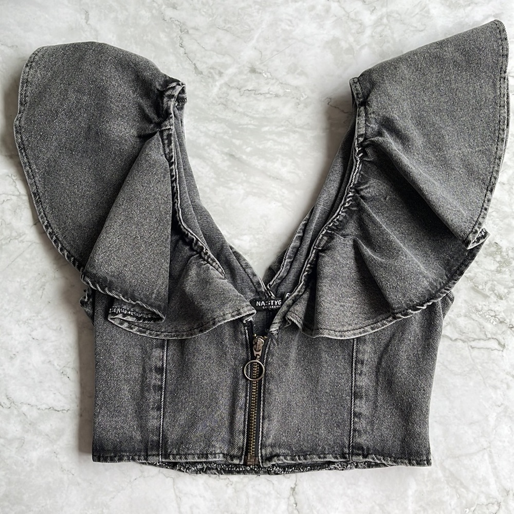 NASTY GAL | Collar Detail Denim Crop Top in Washed Black - Picture 7 of 10